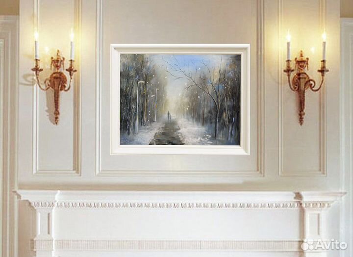 Красивый зимний пейзаж маслом «Заснеженная аллея»