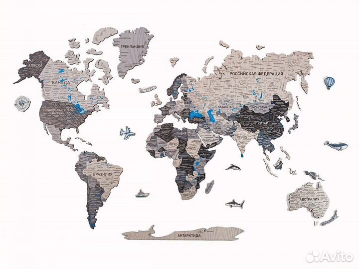 Деревянная карта мира из дерева настенная, Клин