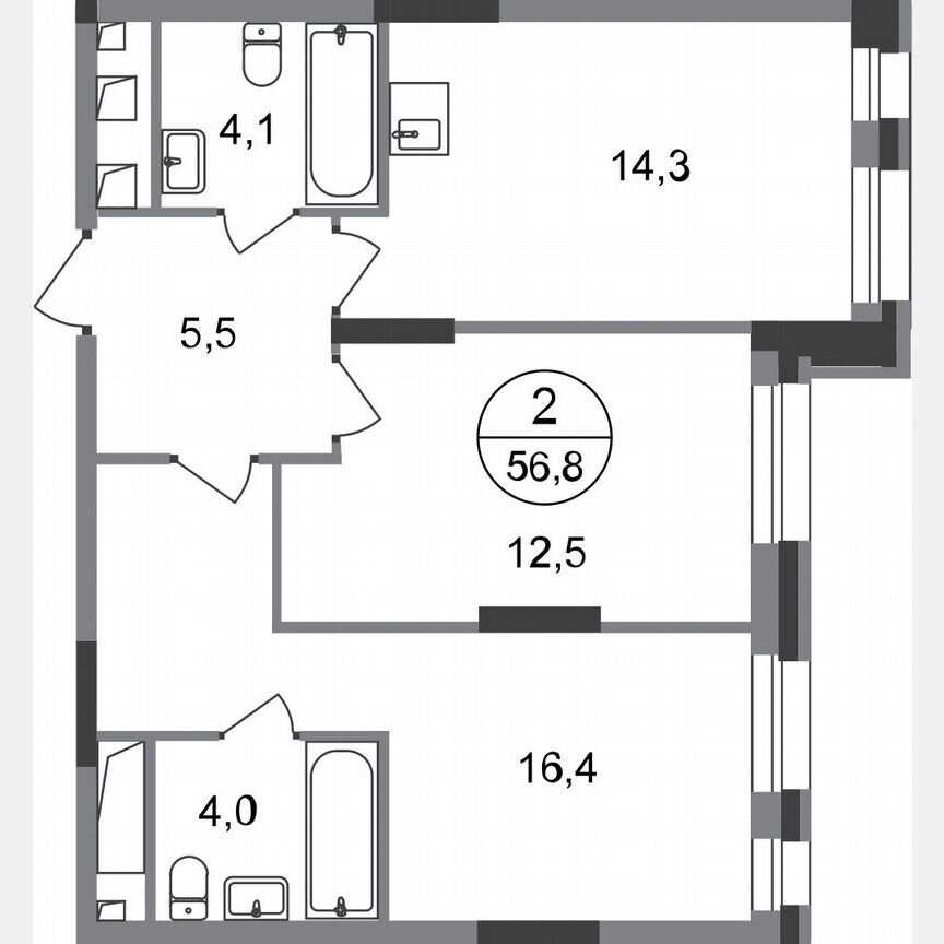 2-к. квартира, 56,8 м², 11/20 эт.