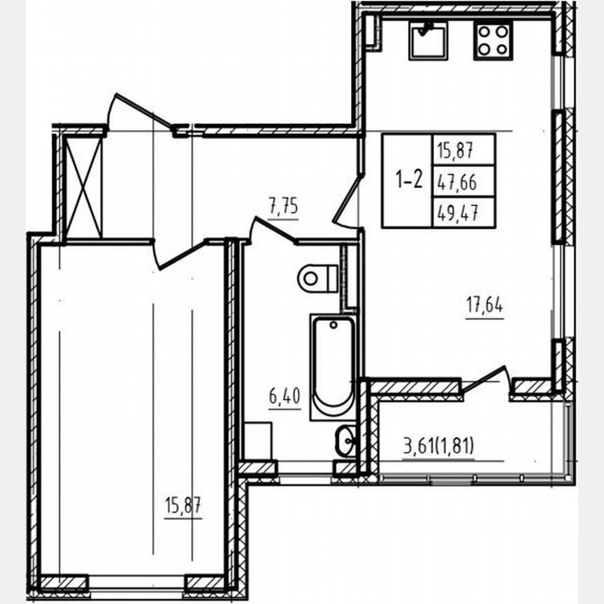 1-к. квартира, 47,7 м², 1/4 эт.