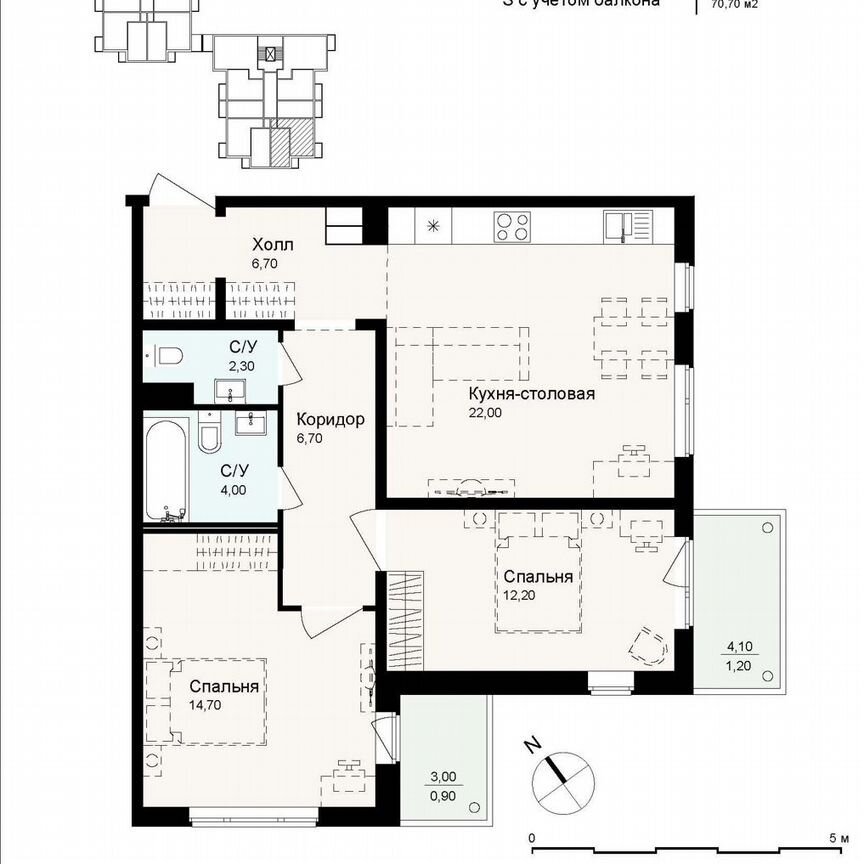 2-к. квартира, 71,1 м², 1/4 эт.