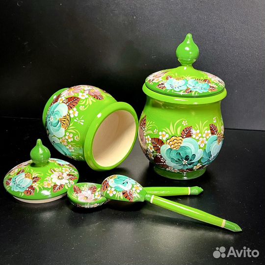 Горшок деревянный, сахарница, бочонок с росписью