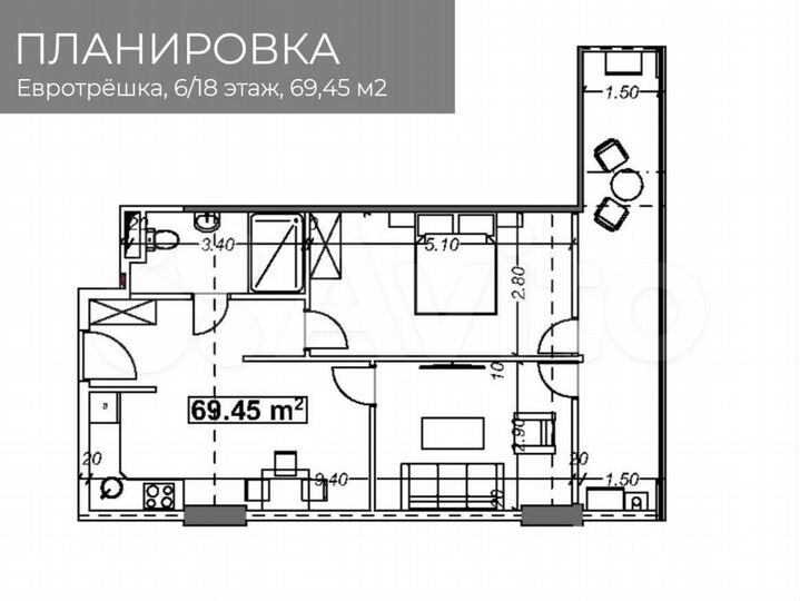 3-к. квартира, 69,5 м² (Грузия)