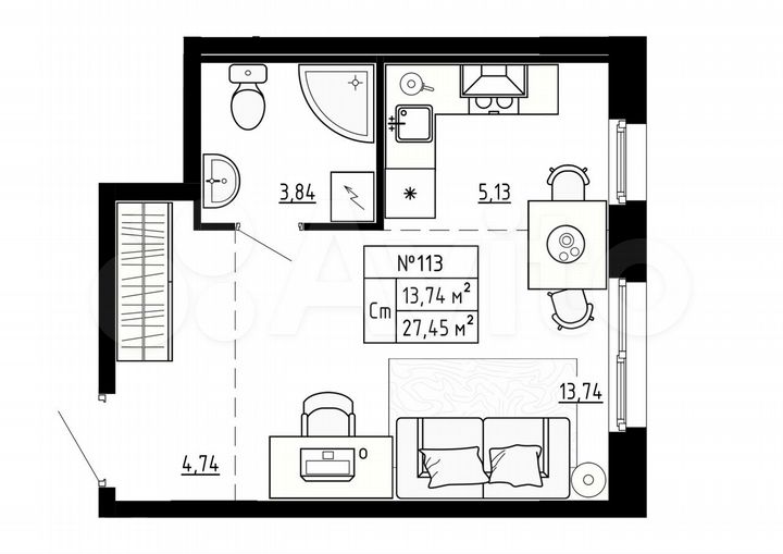 Квартира-студия, 27,5 м², 1/4 эт.