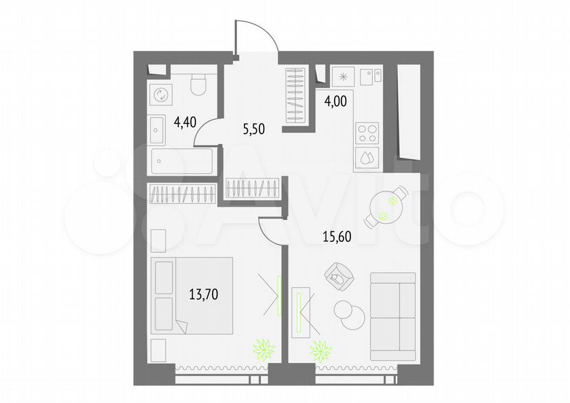 1-к. квартира, 43,2 м², 41/55 эт.