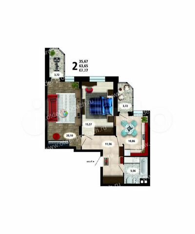 2-к. квартира, 67,4 м², 8/20 эт.