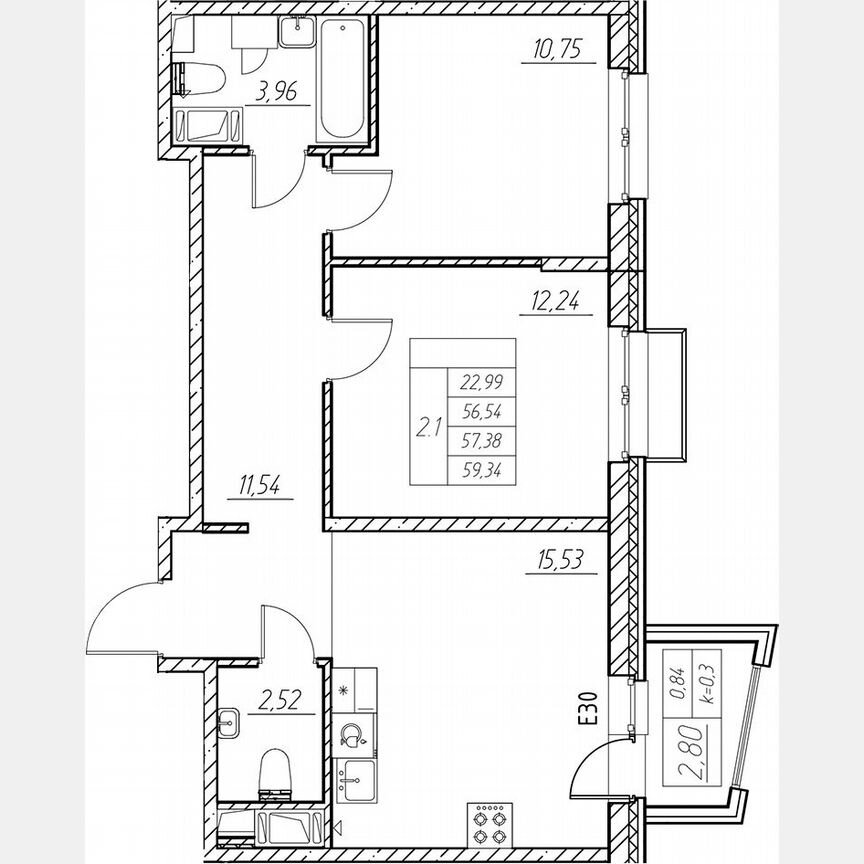 2-к. квартира, 57,4 м², 7/13 эт.