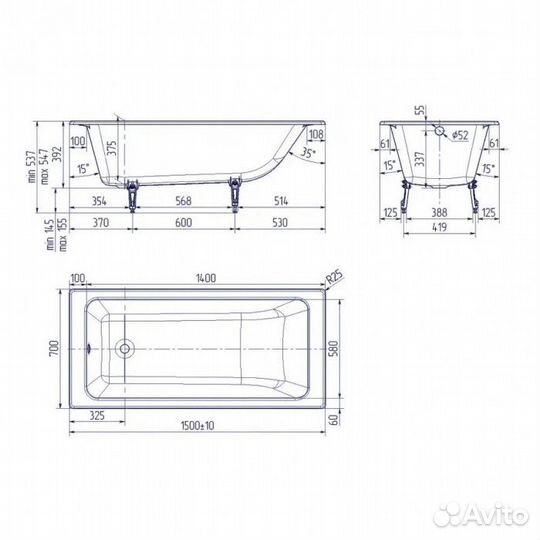 Ванна чугунная Delice Parallel 150х70 с антискольз