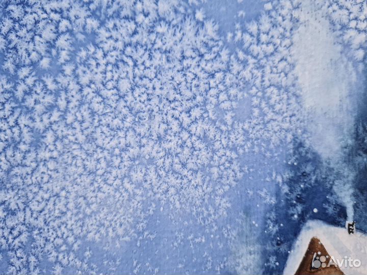 Большая картина акварель зима в деревне с паспарту