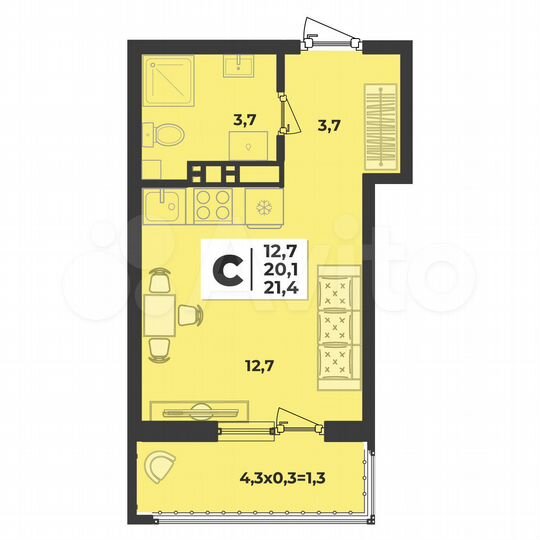 Квартира-студия, 21,4 м², 2/9 эт.