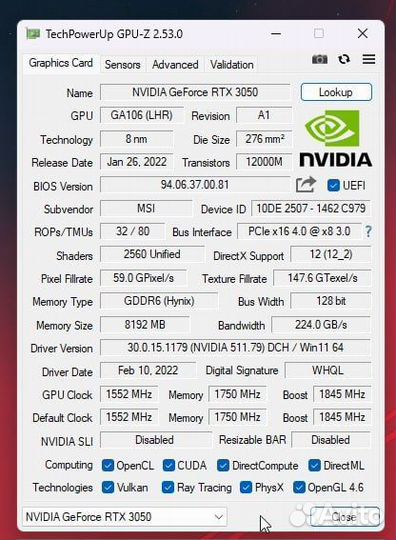 RTX 3050 8GB MSI Gaming X