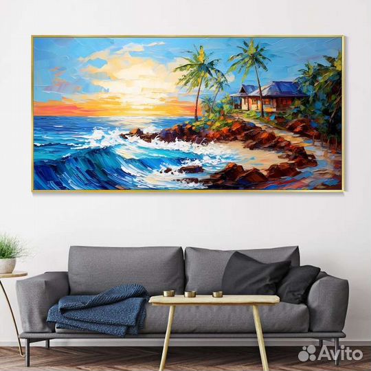 Текстурная картина маслом Закат над островом