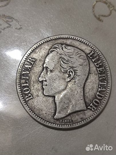 Монета серебро 5 боливар 1919 год