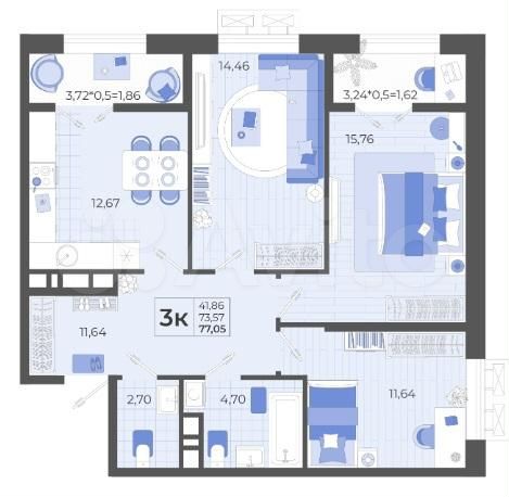 3-к. квартира, 77,1 м², 12/14 эт.