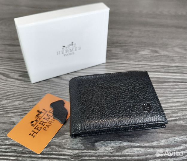 Мужской кожаный кошелёк Hermes black магнит новый