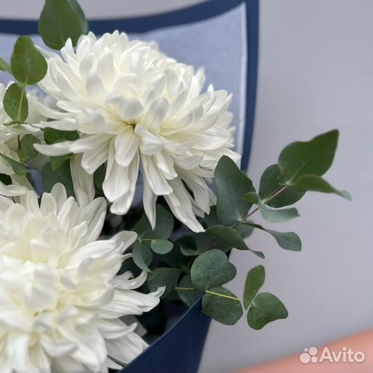 Букет цветов белая хризантема 3 шт с эвкалиптом
