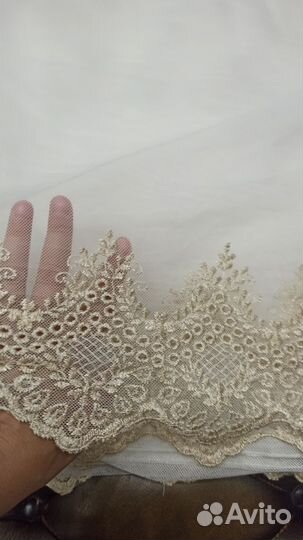 Тюль сетка белая 3шт с матовой золотой вышивкой
