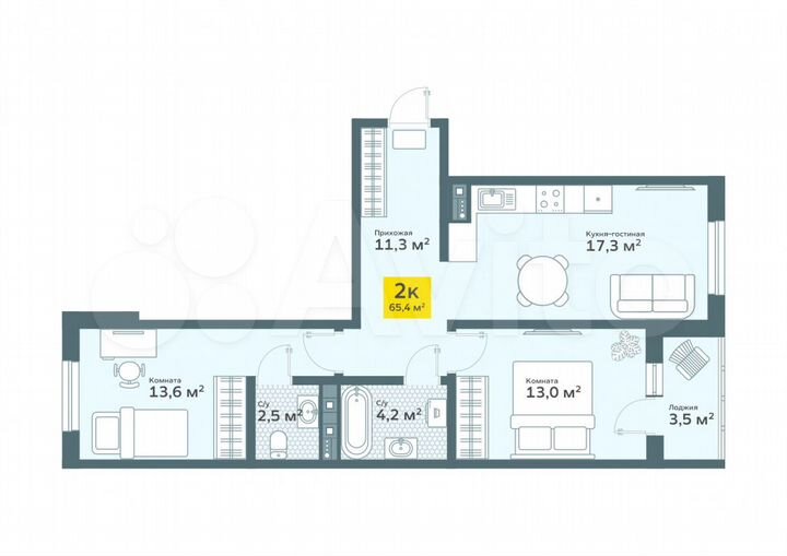 2-к. квартира, 65,4 м², 2/4 эт.