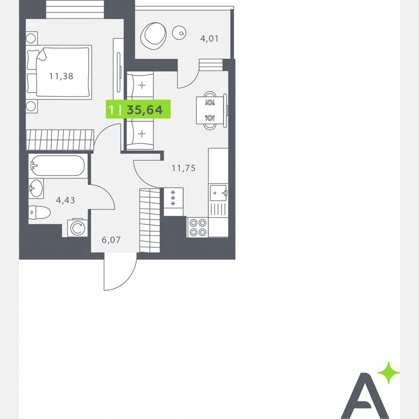 1-к. квартира, 35,6 м², 9/12 эт.