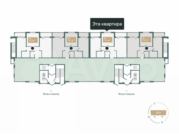 2-к. квартира, 77,4 м², 1/4 эт.