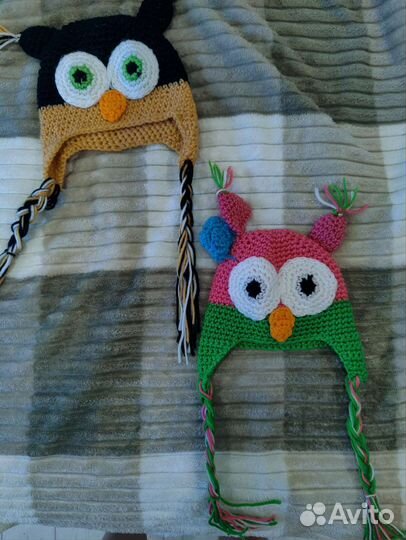 Детские вязаные шапки сова и пингвин
