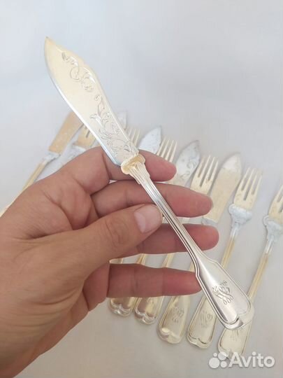 Антикварный серебряный набор для рыбы Германия