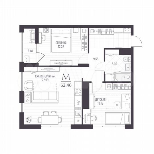 2-к. квартира, 62,5 м², 3/12 эт.