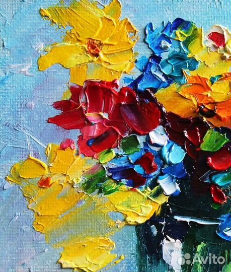 Картина маслом на холсте в раме Цветы букет в вазе