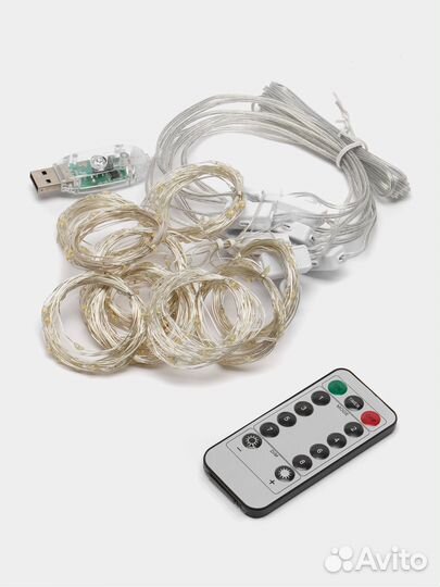 Гирлянда штора с пультом, USB занавес, медная нить