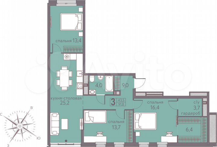 3-к. квартира, 91,8 м², 6/22 эт.