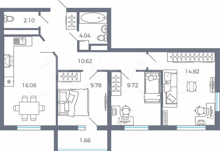 3-к. квартира, 68,8 м², 13/16 эт.