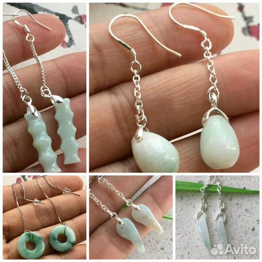Серьги серебро, нефрит (жадеит)