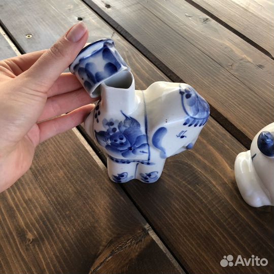 Гжель слон, кот, мыши винтаж СССР