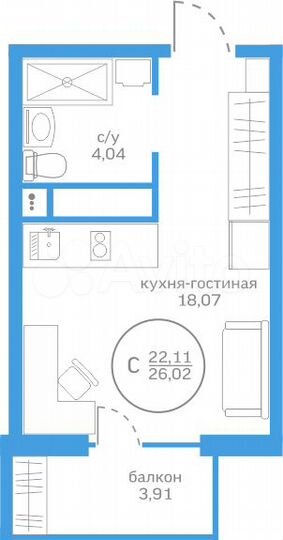 Квартира-студия, 22,1 м², 15/20 эт.