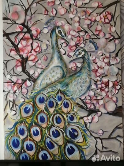 Картины маслом, холст, роза, море, павлины
