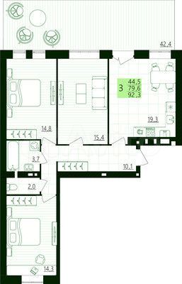 3-к. квартира, 92,3 м², 1/3 эт.