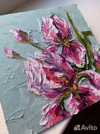 Картина маслом букет розовых ирисов цветы