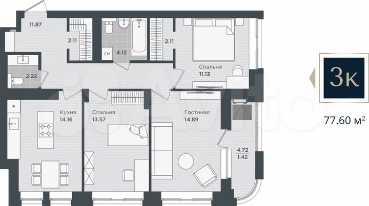 3-к. квартира, 77,6 м², 22/24 эт.