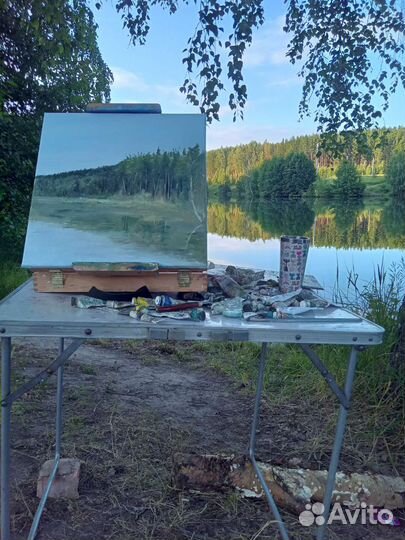 Картина маслом на холсте пейзаж поле озеро сосна