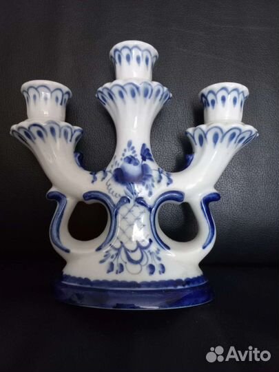 Подсвечник на 3 свечи, гжель, фарфор