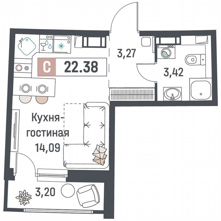 Квартира-студия, 22,4 м², 12/18 эт.
