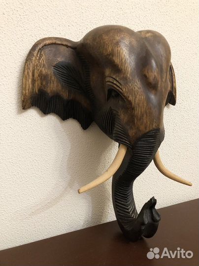 Голова слона, панно на стену слон, статуя, дерево