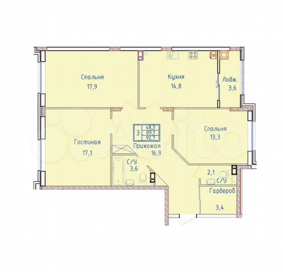 3-к. квартира, 92,7 м², 2/8 эт.