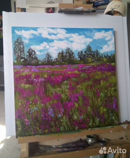 Картина летний пейзаж полевые цветы маслом 40*40см