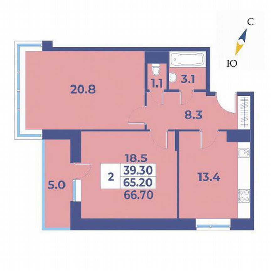 2-к. квартира, 66,7 м², 4/7 эт.