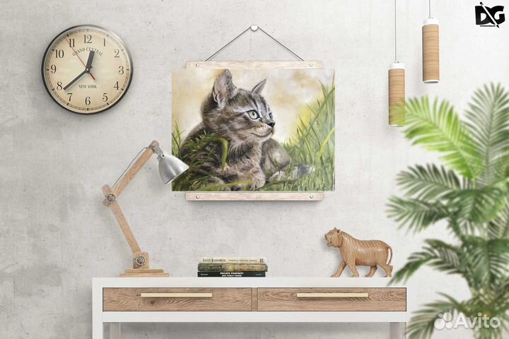 Картина маслом на холсте Котик на зеленой траве