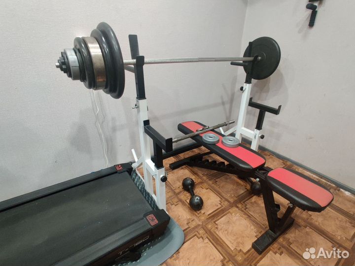 Скамья для жима, стойки для жима, штанга, гантели