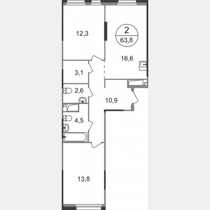 2-к. квартира, 63,8 м², 16/19 эт.