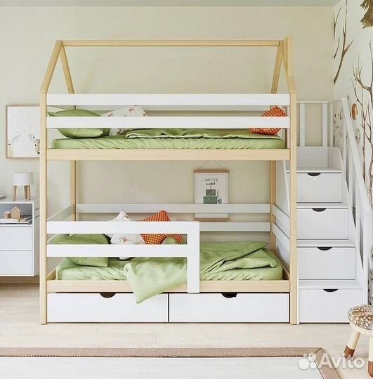 Двухъярусная кровать домик комбинированная 200х80
