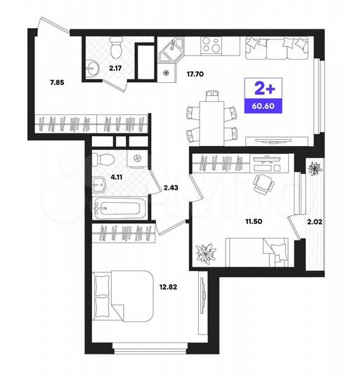 2-к. квартира, 60,6 м², 19/22 эт.